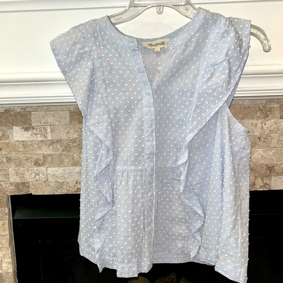 Madewell #K8983 Cotton Button Up Swiss-Dotted Ruffle Peplum Top Blue Size Small - Picture 2 of 4